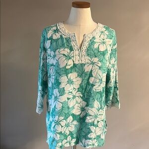 Rebecca Malone Teal White Floral Top tunic lace trim neckline and 3/4 sleeves XL